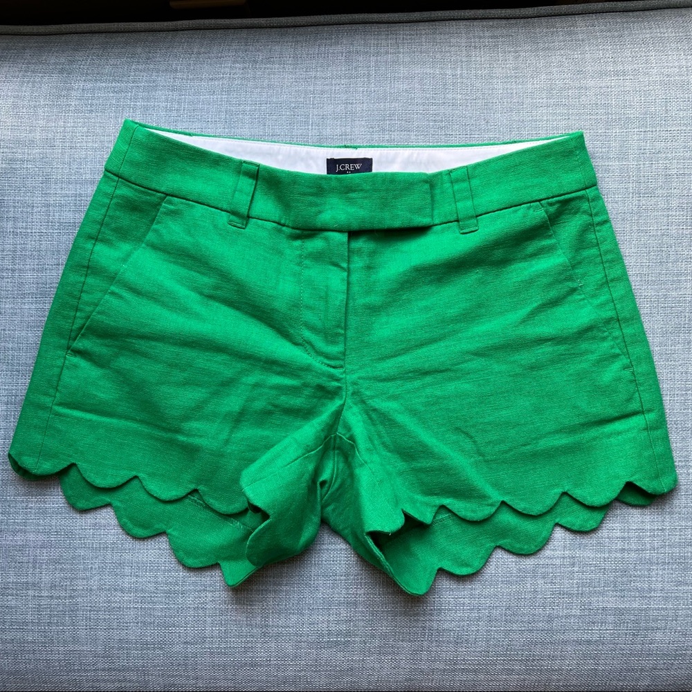 🍏 J. Crew Factory 4" Green Linen-Cotton Spring Summer Scalloped Hem Shorts -SZ 0